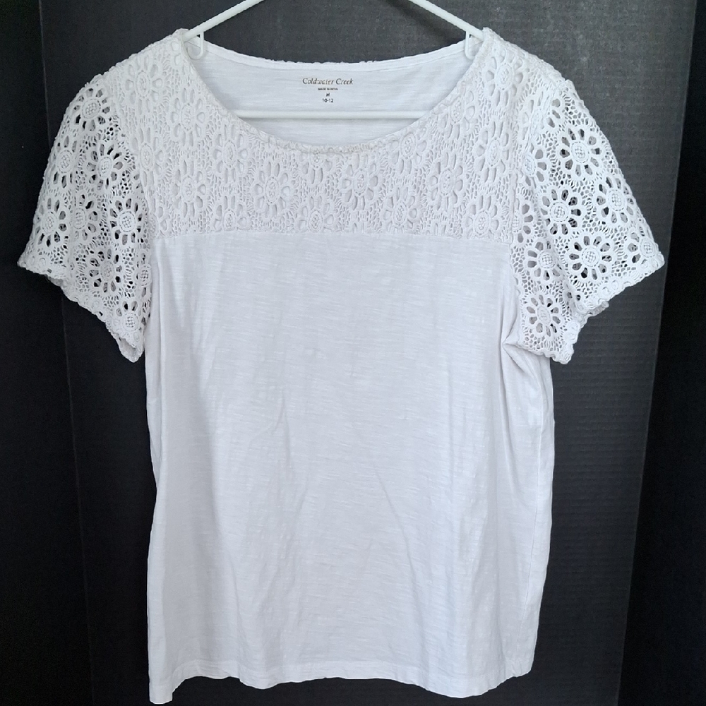 Coldwater Creek Crochet Short Sleeve Tee Size M Ivory Cotton EUC